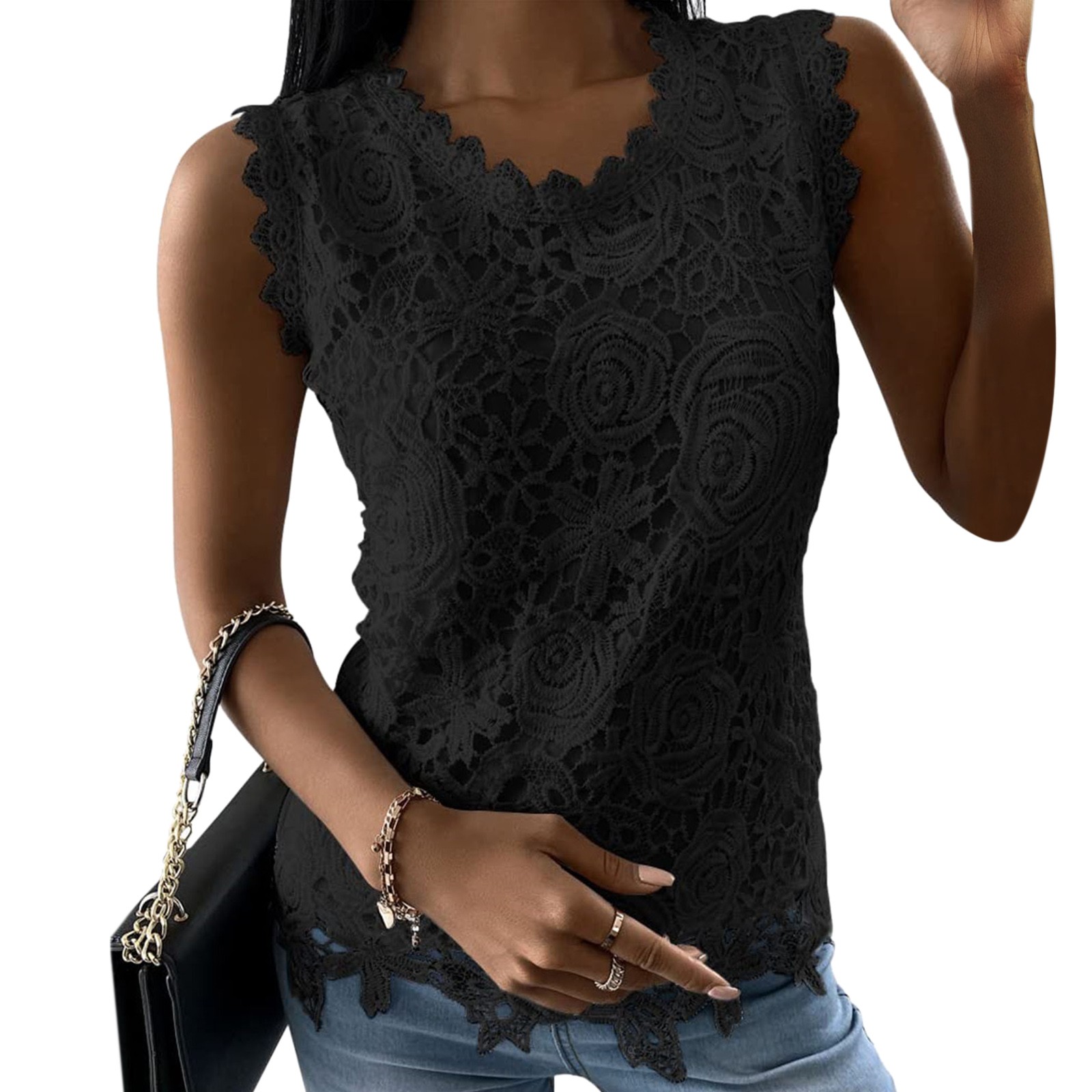 thumbnail image 2 of Camiseta sin mangas con cuello en V y encaje para mujer: poliéster, botones en la espalda, bordado floral, informal para el verano, 2 of 6